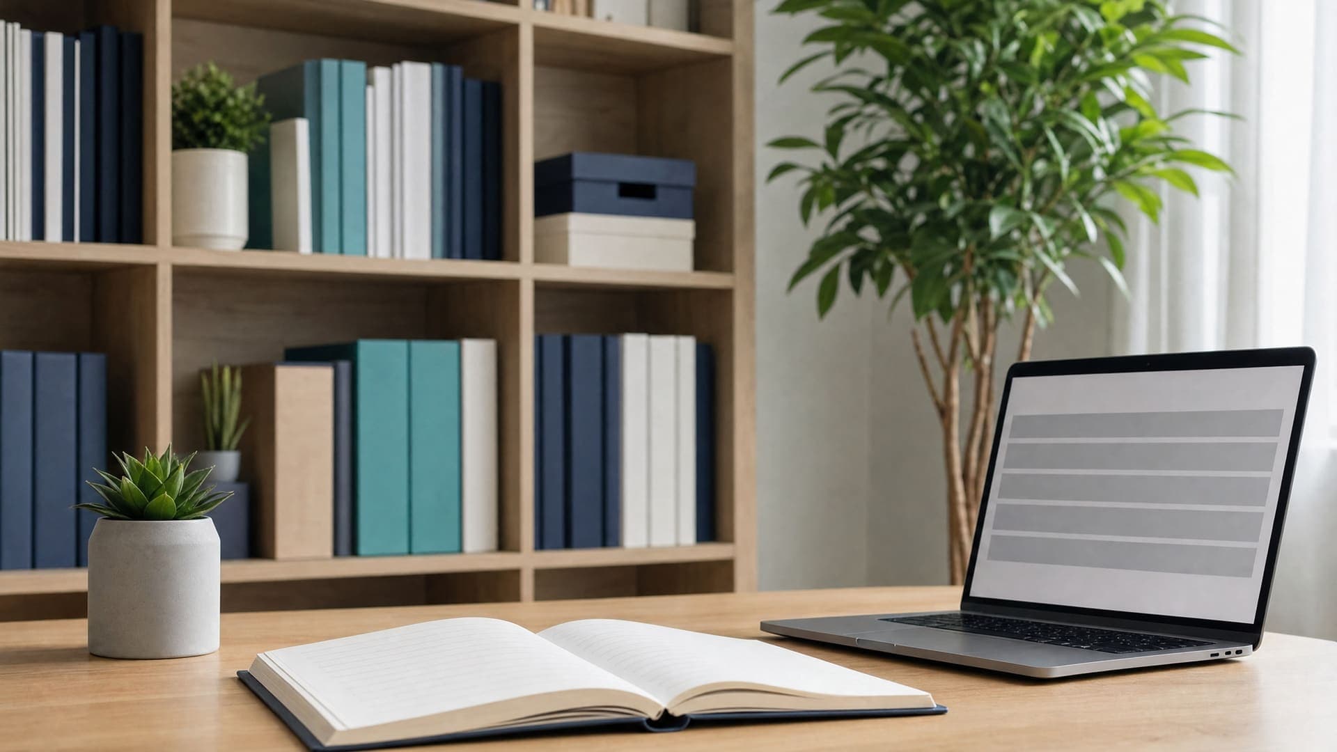 Regal mit Ordnern und Büchern, davor ein Schreibtisch mit Notizbuch und Laptop